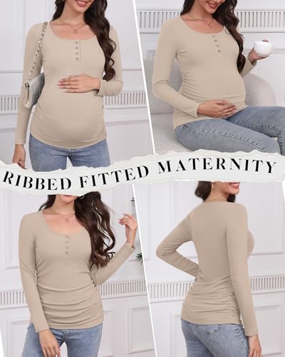 4 Pack Maternity Long Sleeve Shirts Pregnancy Tops - color: Black, Army Green, Apricot, Mocha, size: Small