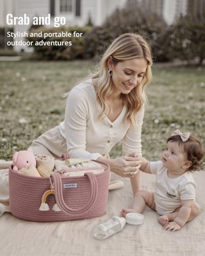 Blissful Diary Diaper Caddy Organizer, Woven Cotton Rope, Pink - color: Oval Pink