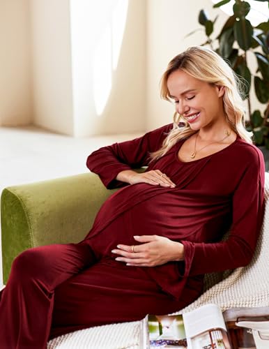 Ekouaer Maternity Nursing Pajama Set Long Sleeve Breastfeeding Sleepwear - color: A Wine Red, size: Medium