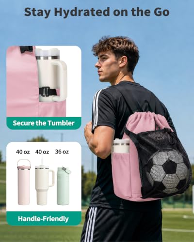 Drawstring Backpack with Shoe & Wet Compartments, Cup & Ball Holders, Pink - color: Pink