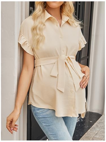MakeMeChic Women's Maternity Nursing Work Blouse Pregnancy Ruffle Tops - color: Beige, size: XX-Large