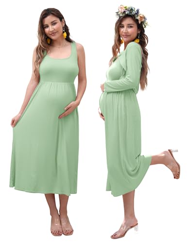 2 PCS Maternity Dress with Cardigan Set, Tank Maxi Pregnancy Dresses - color: Sage Green, size: Medium