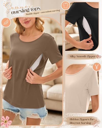 3 Pack Nursing Tops for Women - color: Beige, Coffee, Black, size: Medium