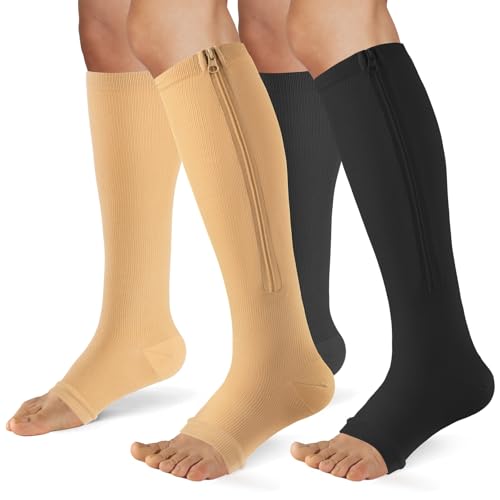 Zipper Compression Socks Women & Men |15-20mmHg Open Toe knee high - color: Black/Beige, size: XX-Large