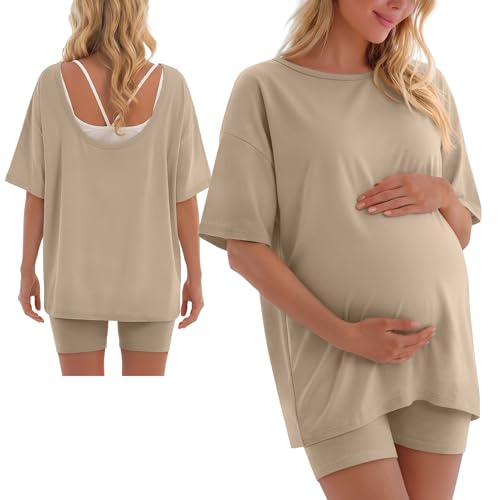 2 Piece Women Maternity Set Pregnancy Outfit - color: Apricot, size: Large