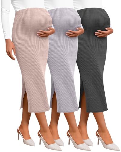 Neer 3 Pack Women's Ribbed Knit Maternity Skirts - color: Light Pink, Light Purple, Dark Gray, size: Medium