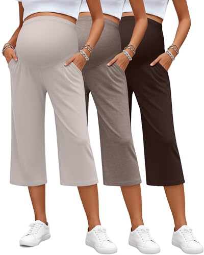 3 Pack Women's Maternity Capris - color: Dark Brown, Light Coffee, Gray Apricot, size: Small