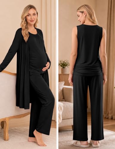 Women 3PCS Maternity Robe Sets Nursing Pajamas Postpartum Breastfeeding Pjs - color: Black, size: Small