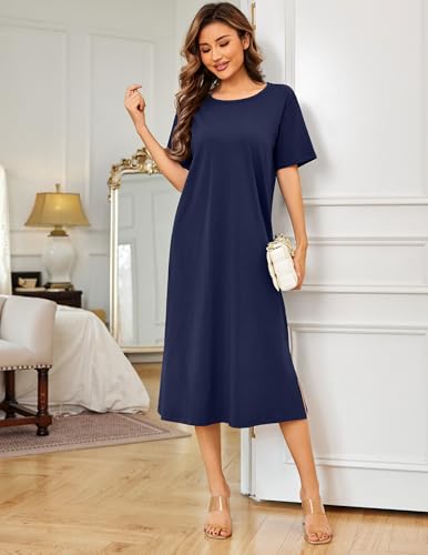 Ekouaer Cotton Nightgowns for Women Long Sleepshirts Soft Maxi Nightshirts - color: Navy Blue, size: Medium