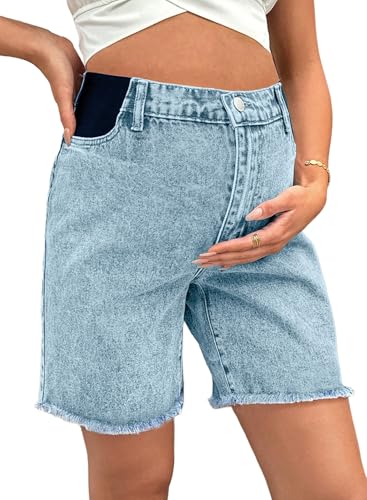 BLENCOT Maternity Jeans Bermuda Shorts Elastic Waist Raw Hem - color: Beau Blue, size: Medium
