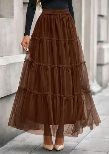 PRETTYGARDEN Women's Fall Soft Tulle Tiered Long Skirt - color: Brown, size: Large