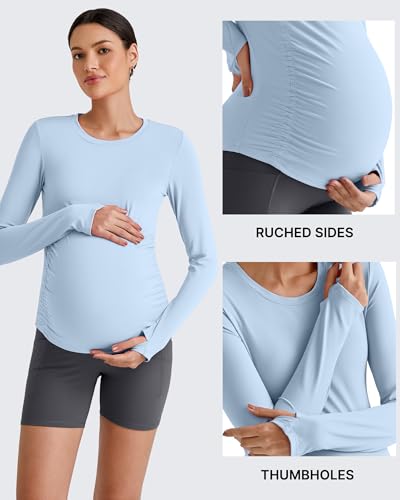 G4Free BareFeel Pregnancy Workout Tops Maternity Long Sleeve Shirts Ruches - color: Light Denim, size: Medium