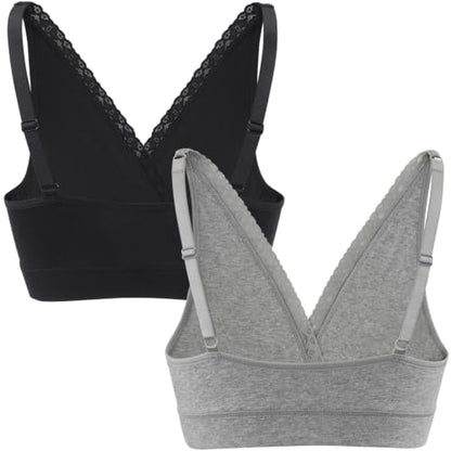 Wireless Cotton Nursing Bra for Sleep& Maternity, Pregnancy Breastfeeding Top, Adjustable Straps, Full Coverage - color: Black+grey/2pack, size: X-Large