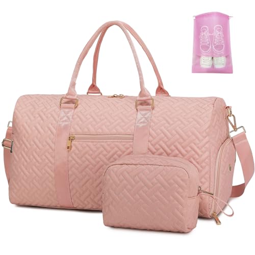 Duffle Bag for Travel, Weekender Bag with Shoe Compartment, Carry On Overnight Bag for Women with Toiletry Bag, 50L Gym Bag with Wet Pocket, Hospital Bags for Labor and Delivery Pink - color: style2-Pink, size: Regular
