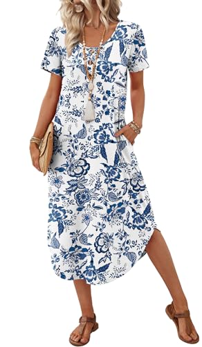 OFEEFAN Summer Dresses for Women 2026 Casual Midi Dresses Beach Vacation Outfits Tshirt Dress with Pockets Resort Wear - color: B-blue Boho Print, size: X-Large