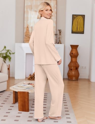 Ekouaer Pajamas for Women Set Long Sleeve Lounge Set Soft Button Down Pjs - color: Champagne, size: Medium