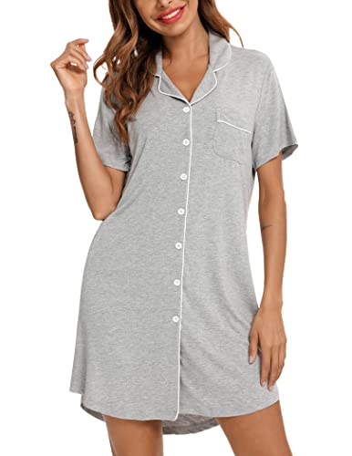 Pjmlifecoco Women's Button Down Nightgown Short Sleeve Sleep Shirt - color: Gray, size: Large