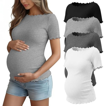 4 Pack Women's Maternity Ribbed Shirts - color: Black, Light Heather Gray, Dark Heather Gray, White, size: Medium