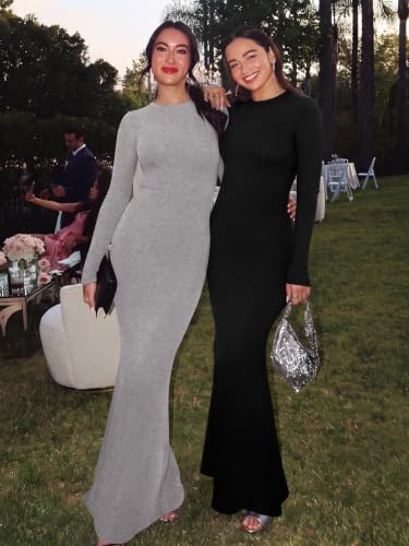 REORIA Women's Long Sleeve Ribbed Bodycon Maxi Dresses - color: Linght Grey, size: Medium
