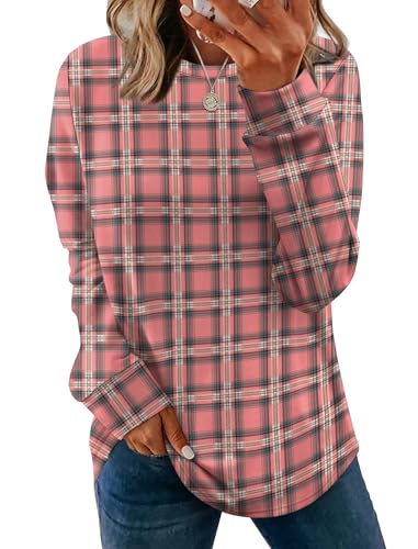 WIHOLL Sweatshirt for Women Crewneck Long Sleeve Shirts Curved Hem Lightweight Sweaters Fall Clothes 2025 - color: Plaid Pink, size: Medium