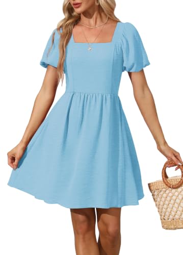 OFEEFAN Women Puff Sleeve Square Neck Tie in Back Dresses with Zipper - color: Baby Blue, size: X-Large