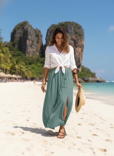 HiMONE Womens Maxi Skirt High Waisted Flowy A Line with Side Slit - color: Aqua Sea, size: XX-Large