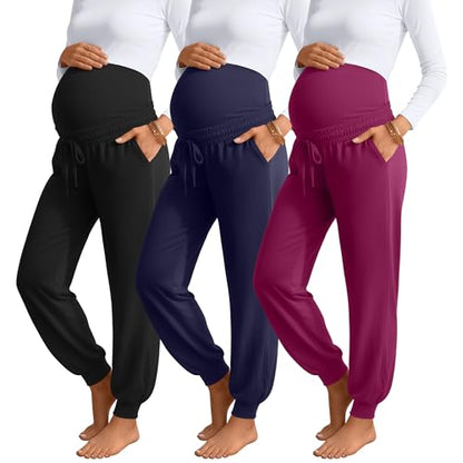3 Pack Womens Maternity Pants Loose Pregnancy Joggers - color: Fuchsia, Navy Blue, Black, size: Large