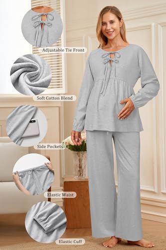 OUGES Womens Cotton Blend Maternity Pajama Sets Tie Front Loungewear Pregnancy Sleepwear Top & Long Pants with Pockets - color: Grey, size: XX-Large