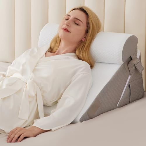 BIEEZZK Wedge Pillow Set for After Surgery, Orthopedic Wedge Pillow for Acid Reflux Relief with Adjustable 9&12inch for Bed Headboard,Sleeping, Memory Foam for Neck&Back Support, White/Grey - color: White/Grey, size: Adjustable Wedge+1 Pillow