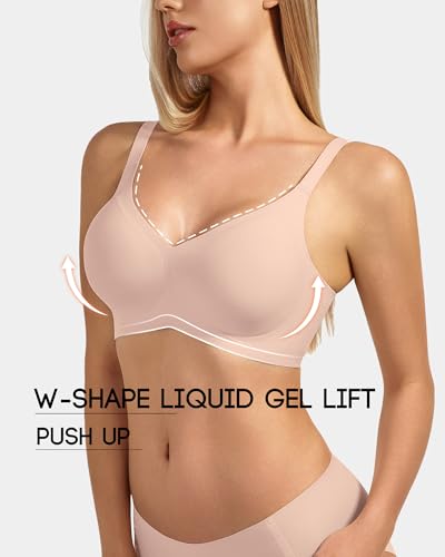 VQJ Women's Wireless Push Up Bra, Jelly Seamless Full Coverage T-Shirt Bra - color: Blush Pink, size: Medium