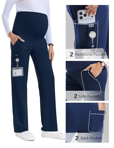 QBK Women's Maternity Scrub Pants Cargo Work Pants 4-Way Stretch 6 Pockets - color: Navy, size: Large