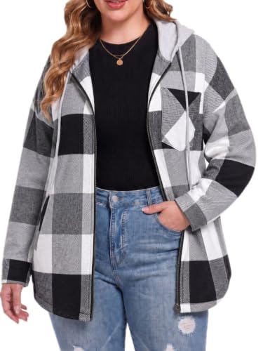 OLRIK Women's Plus Size Hooded Flannel Shacket Zip Up Jacket - color: Beige Black Gray, size: 5X