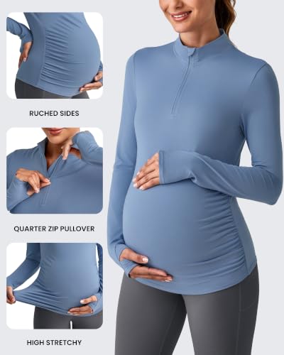 G4Free Lightbreeze Maternity Shirts Long Sleeve Quarter Zip Pregnancy Top - color: Dusty Blue, size: Medium