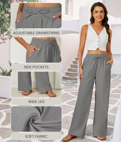 FireSwan Linen Pants Women Drawstring Elastic Waist Wide Leg Palazzo Pants - color: Grey, size: Large