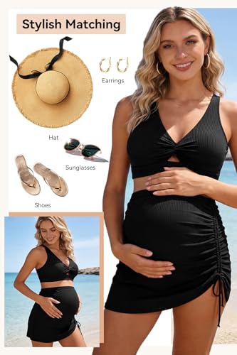 SHEKINI Women's Two-Piece Maternity Swimsuit Pregnancy Bathing Suit Set - color: Black, size: Small