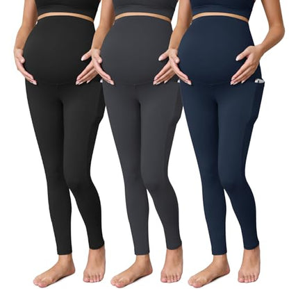 Buttergene 3 Pack Maternity Leggings with Pockets - color: Black/Dark Grey/Navy, size: X-Large