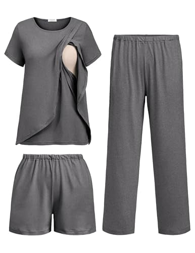 Ekouaer 3 PCS Maternity Nursing Pajamas Set Postpartum Breastfeeding PJS - color: Grey, size: Small