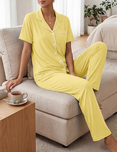 Womens Pajamas Sets 2 Piece Button Up Pj Sets Short Sleeve with Long Pant - color: Yellow, size: X-Small