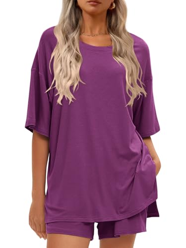 Women's 2 Piece Short Sets Loose Lounge Sets Summer Matching Sets - color: Purple, size: X-Large