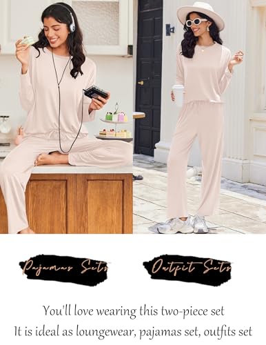 Ekouaer Lounge Sets for Women Long Sleeve Pajamas Fall Loungewear - color: Beige, size: Large