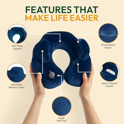 Inflatable Travel Neck Pillow with Adjustable Memory Foam Sides | Lightweight, Soft & Portable Support (Navy Blue, Standard) - color: Navy Blue