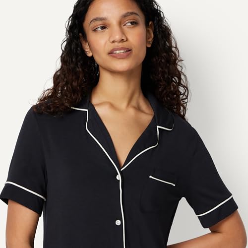 Amazon Essentials Women's Modal-Blend Nightgown, Short Sleeve Button-Down - color: Black, size: Large