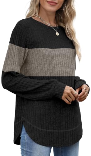 OFEEFAN Womens Sweaters Crew Neck Tunic Tops Long Sleeve Shirts Curved Hem - color: B-black Coffee, size: Small