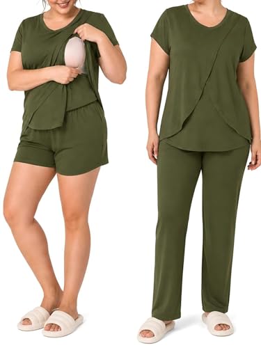 Rnxrbb 3 PCS Women Nursing Pajamas Set Postpartum Maternity Pj with Pockets - color: Army Green, size: Small
