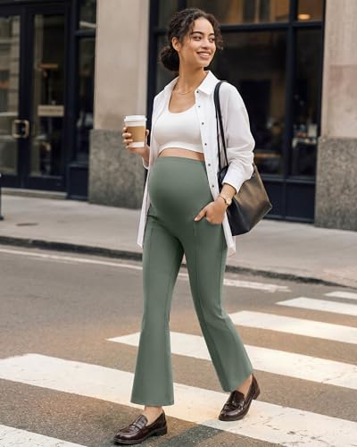 G4Free EverGoing Maternity Work Pants Pregnancy Ankle Flare Leg with Pocket - color: Gray Sage, size: Medium