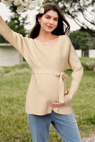 OUGES Womens Soft Cotton Blend Maternity Sweater Wrap V Neck Long Sleeve V Back Fall Shirts Pregnancy Outfits with Belt - color: Apricot, size: Small