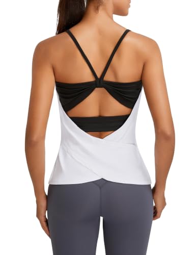 BMJL Womens Workout Tops Built in Bra Open Back Tank Top Running Gym Shirts - color: White, size: X-Large