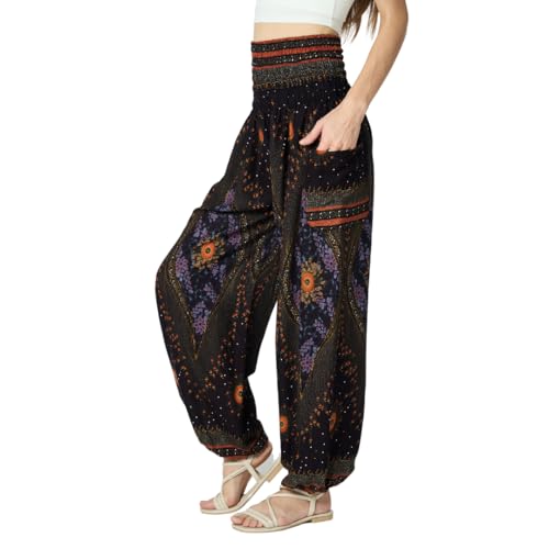 Tranquil Threads High-Waisted Boho Harem Yoga Pants for Women - color: Black Feather, size: Small