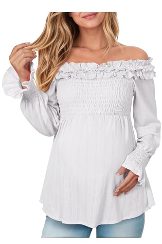 OUGES Womens Cotton Blend Off The Shoulder Maternity Tops Smocked Ruffle Sleeve Blouse Going Out Pregnancy Shirts 2025 - color: White, size: XX-Large