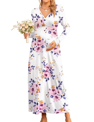 Fall Wrap V Neck Long Sleeve Maternity Maxi Dress Baby Shower - color: Z-white Floral- Hx131, size: Medium